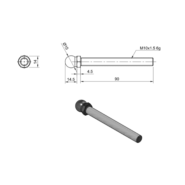 4 Series M10 x 90 Threaded Rod For Swivel Feet 5 6.04.SPTR1090 Drawing