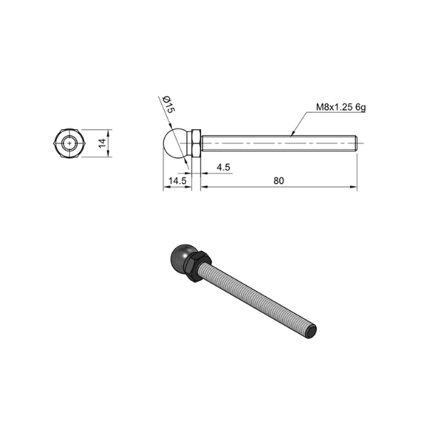 4 Series M8 x 80 Threaded Rod for Swivel Feet 5 6.04.SPTR8080 Drawing