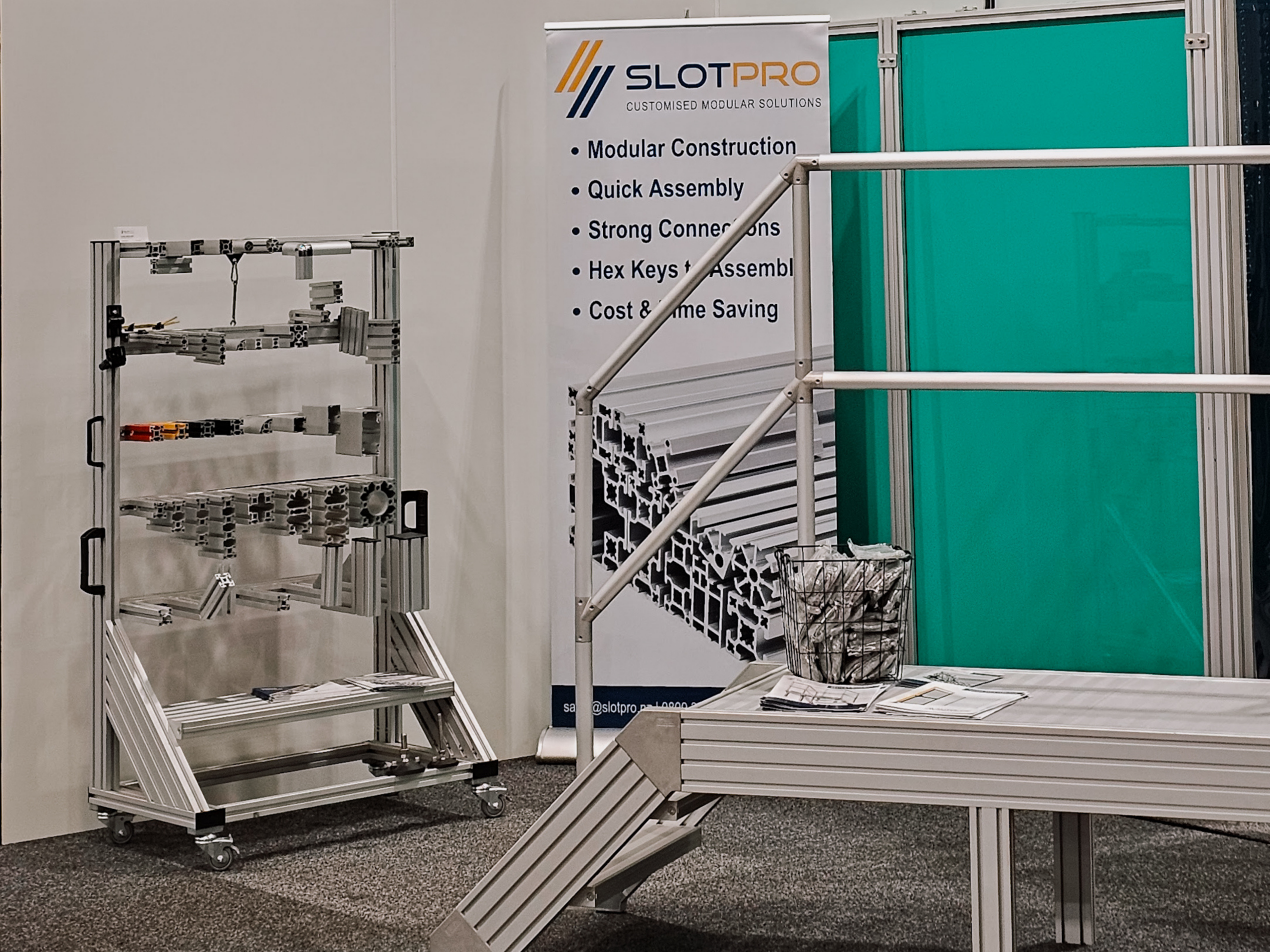 SlotPro T-Slot aluminium display trolley at the EMEX 2026 stand.