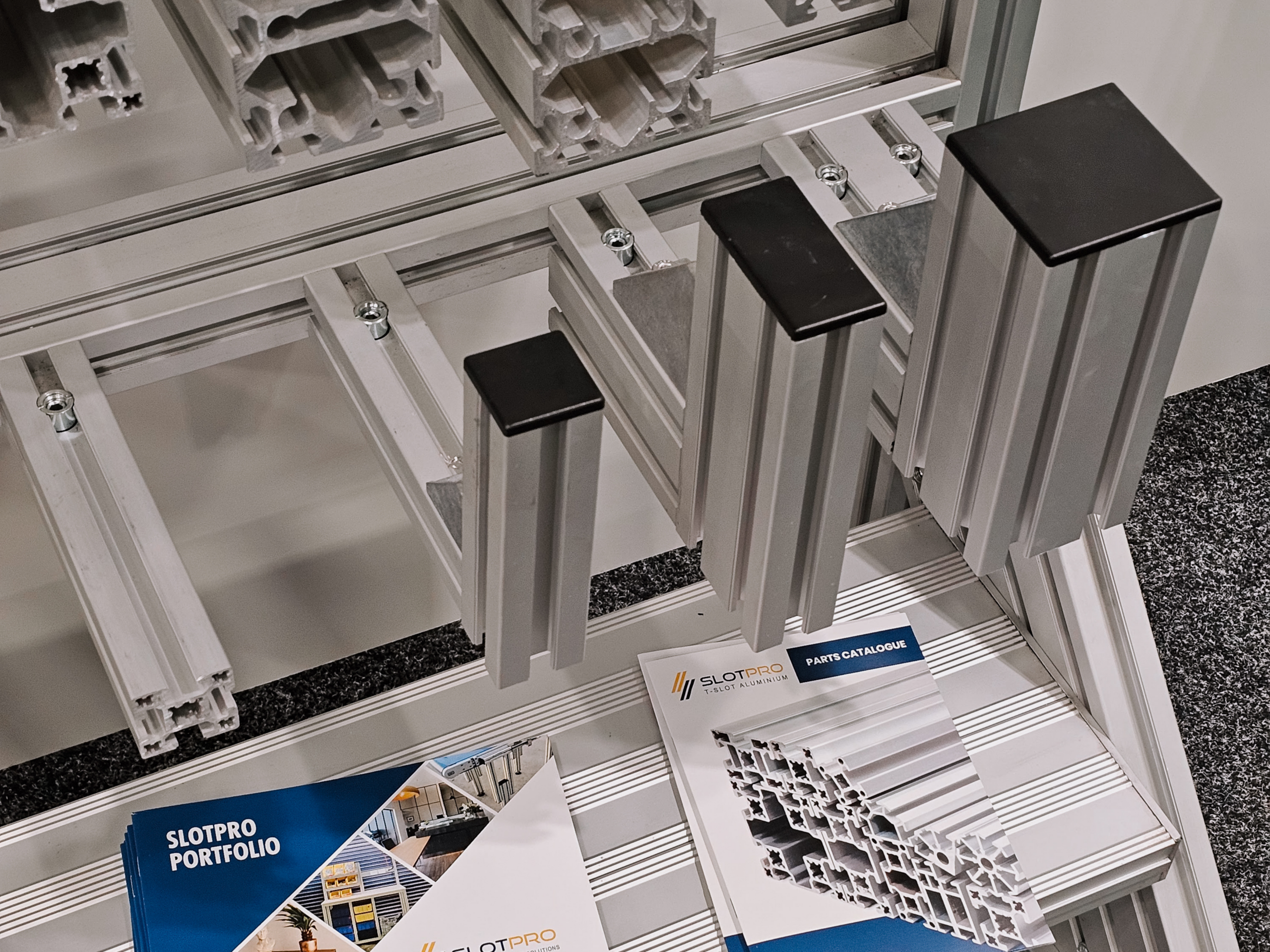 Close-up of SlotPro T-Slot aluminium profiles at EMEX 2026.